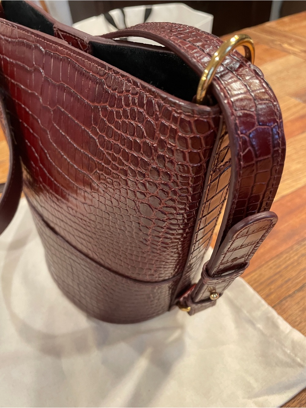 Sézane Croc-Embossed Bucket Shoulder Bag in Deep Burgundy